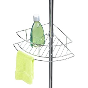 Étagère d'angle télescopique Wenko Dolcedo avec paniers de rangement en acier inoxydable, avec gel douche et gant de toilette.
