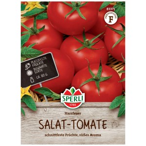 Sperli Graines de Tomate Salade Harzfeuer, paquet avec des tomates rouges et mûres.
