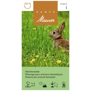 Sementi Mauser per sovescio, pascolo per piccoli animali senza trifoglio, confezione con coniglio nell'erba.