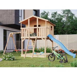Maison sur pilotis Karibu Benjamin avec balançoire double et toboggan bleu dans le jardin.