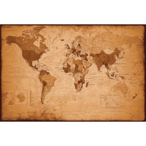 Quadro da parete con mappa del mondo antica nei toni del marrone e del beige, 90x60 cm. Decorazione murale per spazi abitativi.