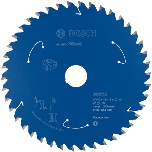 Lama per sega circolare Bosch Expert for Wood, 140mm, 42 denti, blu. Ideale per tagli precisi nel legno.