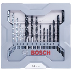 Set di punte da trapano Bosch, 15 pezzi, con punte per metallo, legno e pietra da 3-8 mm in valigetta.