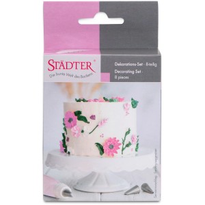 Set de décoration Städter 8 p. avec poche à douille et douilles, présenté sur l'emballage. Pour gâteaux.