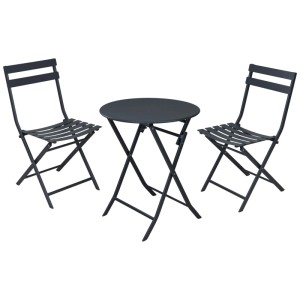 Set bistro nero 3 pezzi in acciaio verniciato a polvere con tavolo rotondo e due sedie.