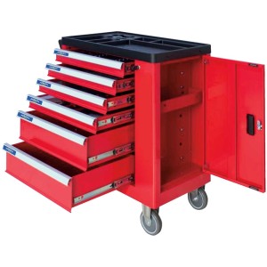Chariot à outils rouge Arwin avec set de 250 outils, 6 tiroirs et roulettes.