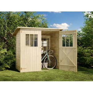 Abri de jardin Alpholz Zimowit non traité avec toit monopente et portes ouvertes, dans le jardin.