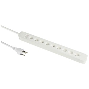 Weiße Schönenberger Steckdosenleiste mit 9 T13-Steckdosen, horizontal angeordnet, mit 2m Kabel.