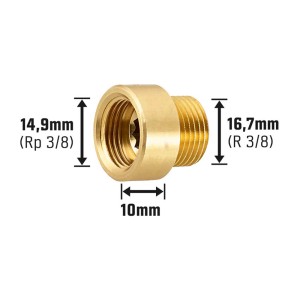 Prolunga per rubinetto in ottone, 14,9 mm (Rp 3/8) x 16,7 mm (R 3/8), estende i raccordi di 10 mm.