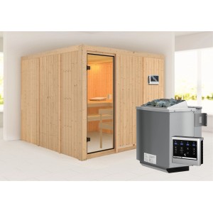 Sauna in legno massello Karibu Arvika con stufa bio e porta in vetro, incl. controllo esterno.