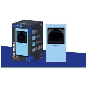 Rafraîchisseur d'air Sonnenkönig Air Fresh 2 bleu, compact, avec grille noire, à côté de l'emballage.