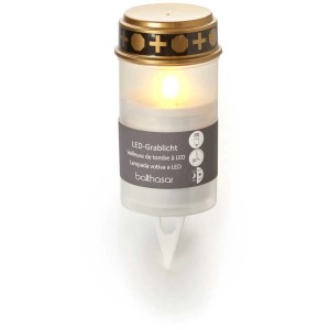 Bougie funéraire LED blanche avec pointe pour fixation au sol. Lumière tombale avec lumière blanche chaude et couvercle doré.