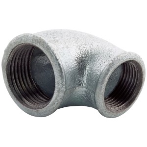 Raccordo a 90° in ghisa malleabile, 30,3 mm x 24,1 mm, per tubi zincati con filettatura interna.
