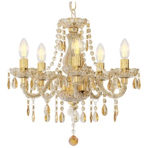 Lustre doré Globo Marie avec 5 lumières et cristaux acryliques pour une ambiance élégante.