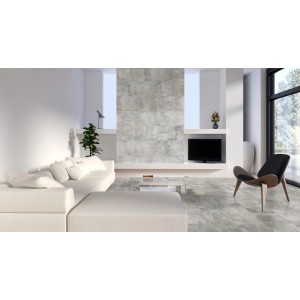 Salon avec carrelage Classen Ceramin Neo Vario Malerva aspect pierre grise comme carrelage de sol et mural.