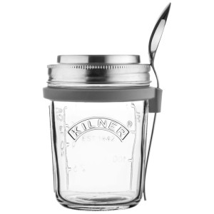 Set colazione Kilner: barattolo in vetro con coperchio, portacucchiaio e cucchiaio.