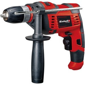 Trapano a percussione Einhell TC-ID 550 E, rosso-nero, con impugnatura supplementare e mandrino autoserrante.