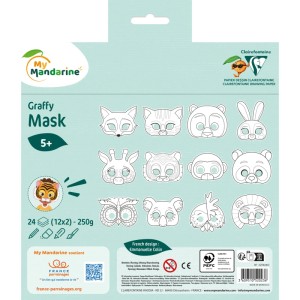 Verpackung des MyMandarine Graffy Pop Mask Ausmalbuchs mit 24 vorgestanzten Tiermasken zum Bemalen.