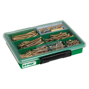Spax Assorter Pozi Jaune : Jeu de vis avec embouts dans une boîte d'assortiment verte.