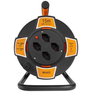Enrouleur de câble Steffen avec 4 prises T13, câble de 15 m, protection thermique, noir-orange.