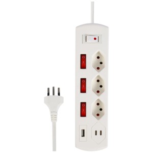 Multiprise blanche Schönenberger avec 3 prises T13, ports USB et interrupteurs.