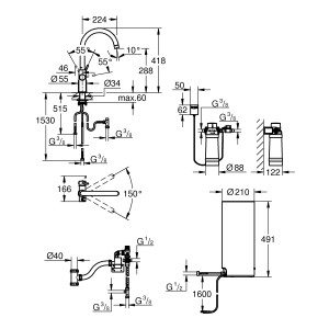 Schéma technique : Robinet Grohe Red Duo avec chaudière L, chrome, dimensions et branchements.