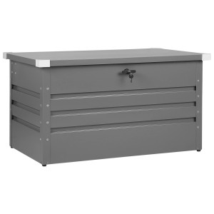 Coffre de rangement gris Beliani Cebrosa en acier, verrouillable, pour coussins et ustensiles de jardin.