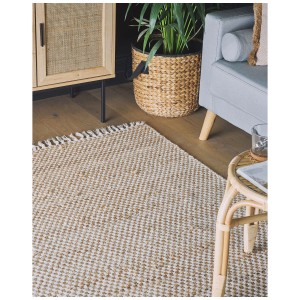 Tapis beige Zerdali à carreaux, poils courts, réversible, 140x200 cm.