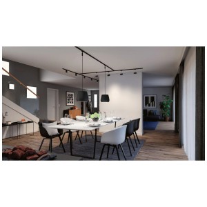 Sala da pranzo con sistema di binari Paulmann e lampadine LED GU10 nere dimmerabili.