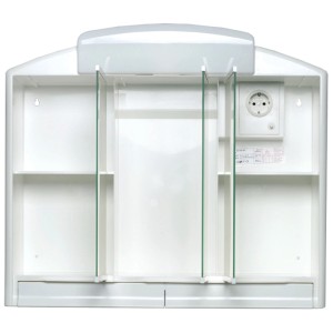 Armoire de toilette blanche Jokey Rano avec 3 portes miroir, tiroirs, prise et interrupteur.