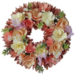 Corona decorativa rosa, Ø 35 cm, con fiori rosa, bianchi e gialli per decorazione da tavolo o parete.