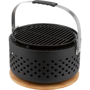 Barbecue à charbon compact et sans fumée avec planche à découper en bambou, idéal pour balcon et camping.