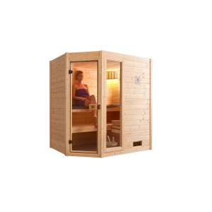 Sauna en bois massif Weka 539 avec femme, poêle et entrée d'angle. Couleur bois, avec porte en verre.
