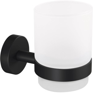 Tesa Moon Black Zahnputzbecher mit Halter, schwarz matt, satiniertes Glas.