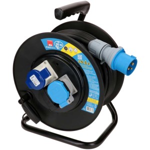 Enrouleur de câble avec 30 m de câble, prises T23, CEE16-3 et Schuko, IP44 pour extérieur.