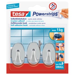 Tesa crochets adhésifs chromés ovales, lot de 3 avec Powerstrips, supporte jusqu'à 1 kg.