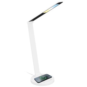 Lampada da scrivania a LED bianca dimmerabile con base di ricarica induttiva per smartphone.