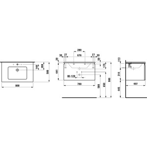 Disegno tecnico: Mobile bagno Laufen Pro S Wenge, 80 cm, con cassetto. Misure e dettagli.