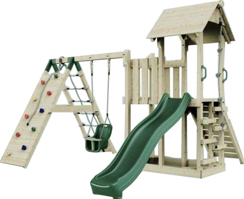 PolarPlay Spielturm Farö Babyschaukel Kletterturm Rutsche Dunkelgrün