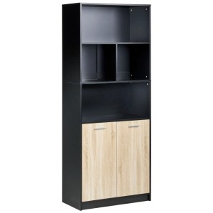 Étagère Beliani Zehna: Noire, 5 niveaux, compartiments ouverts & 2 portes aspect bois clair. Design scandinave.