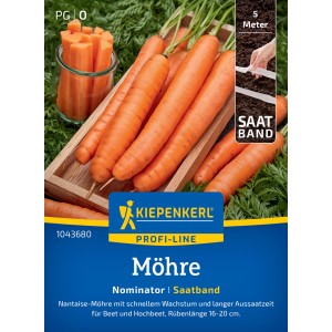 Kiepenkerl Carotte Nominator Ruban de graines : Carottes fraîches et ruban de graines sur l'emballage.