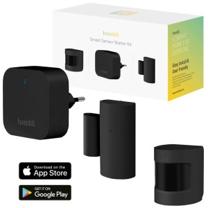 Hombli Smart Bluetooth Sensor Kit in Schwarz: Bridge, Kontakt- und Bewegungsmelder für Hausautomation.