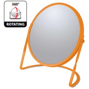 Specchio da tavolo Spirella Akira arancione opaco, girevole. Specchio cosmetico con superficie a specchio normale e ingrandimento 5x.