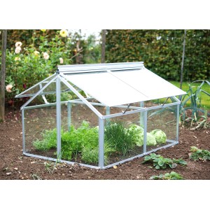 Châssis de culture Vitavia Gaia Jumbo avec verre ESG, cadre en aluminium, 83x119x72cm, au jardin avec plantes.