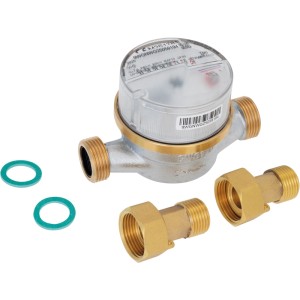 Compteur d'eau pour eau chaude et froide, 1/2 pouce, R80, 110 mm, avec raccords et joints.