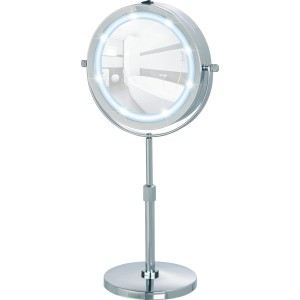 Specchio cosmetico Wenko LED Lumi, specchio rotondo da terra con illuminazione LED e ingrandimento 5x.