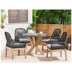 Ensemble de jardin Beliani Olbia 5 p.: table ronde en fibrociment gris, 4 chaises tressées, acacia, coussins gris.