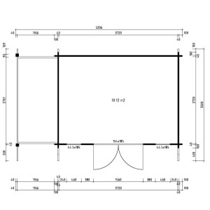 Plan de l'abri de jardin Alpholz Mirko avec toit à deux pentes et appentis, dimensions et détails.