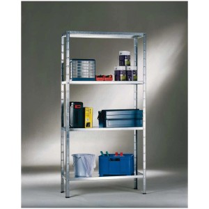 Étagère de base à emboîter Schulte, 180x90x35 cm, galvanisée, avec quatre tablettes et divers objets.