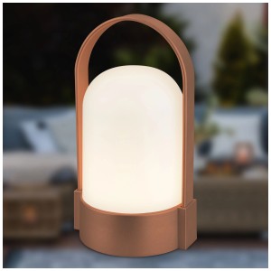 Lampada da tavolo a LED ricaricabile Brilo, marrone-metallizzato opaco, con maniglia, luce bianca calda per esterni.